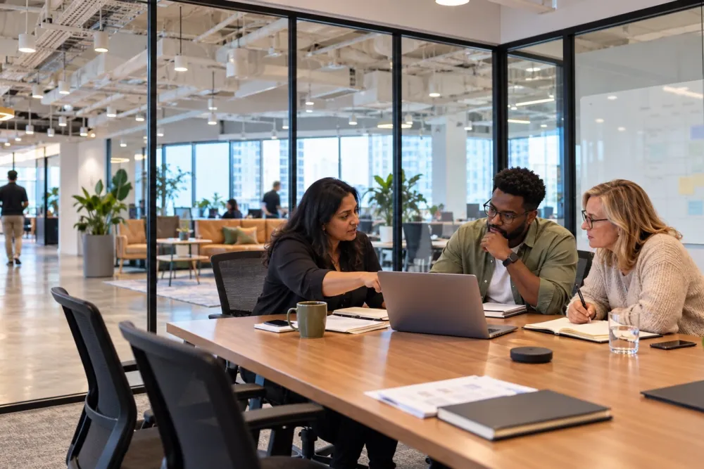 Three colleagues discussing a laptop at a table in a bright open-plan office