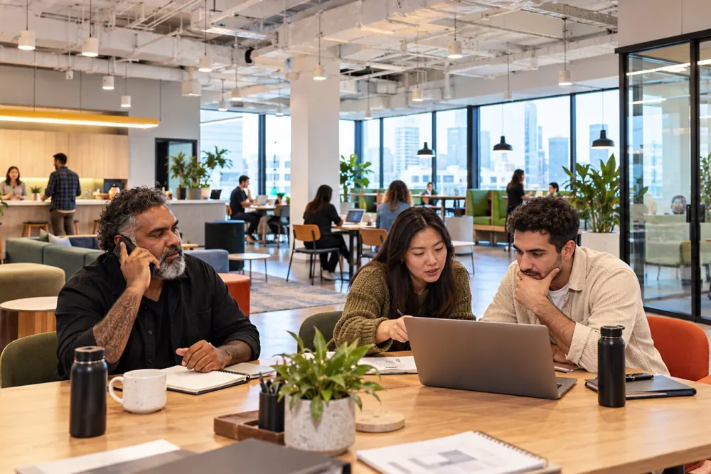 Team at a shared table in an open office, one colleague on a call while others work at a laptop