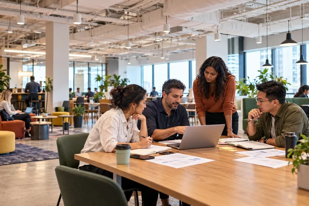 Team of four reviewing account research together at a table in an open-plan office