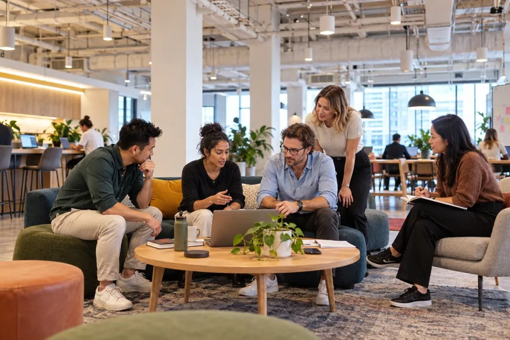 Team of five working through a campaign around a laptop in an informal office lounge